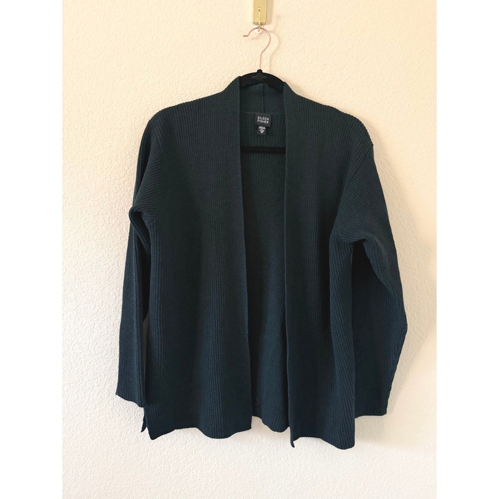 Eileen Fisher Forest Green 100% Wool Ribbed Open Front Cardigan Sweater Medium